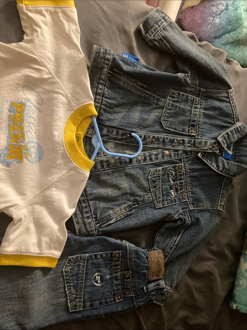 Phat Farm Kids Matching Denim Jacket and White T-Shirt with Yellow Trim